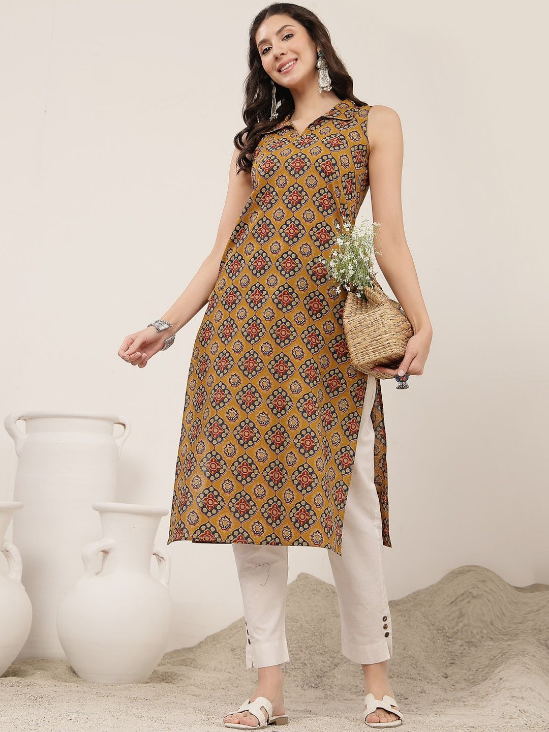 GULMOHAR JAIPUR Sequins Sleeveless Floral Viscose Rayon Straight Calf Length Kurta