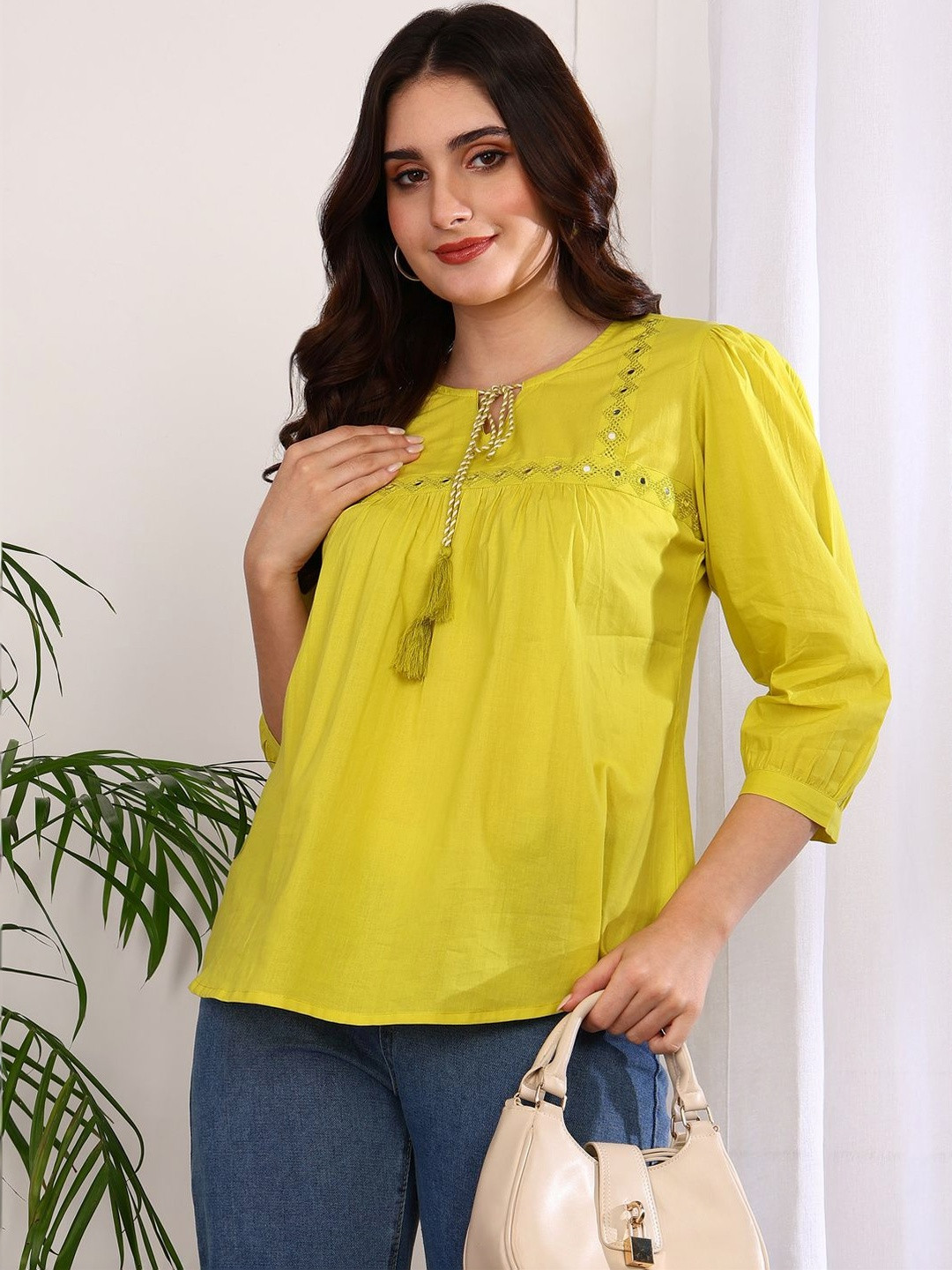 IKRASS Tie-Up Neck Puff Sleeve Cotton Top
