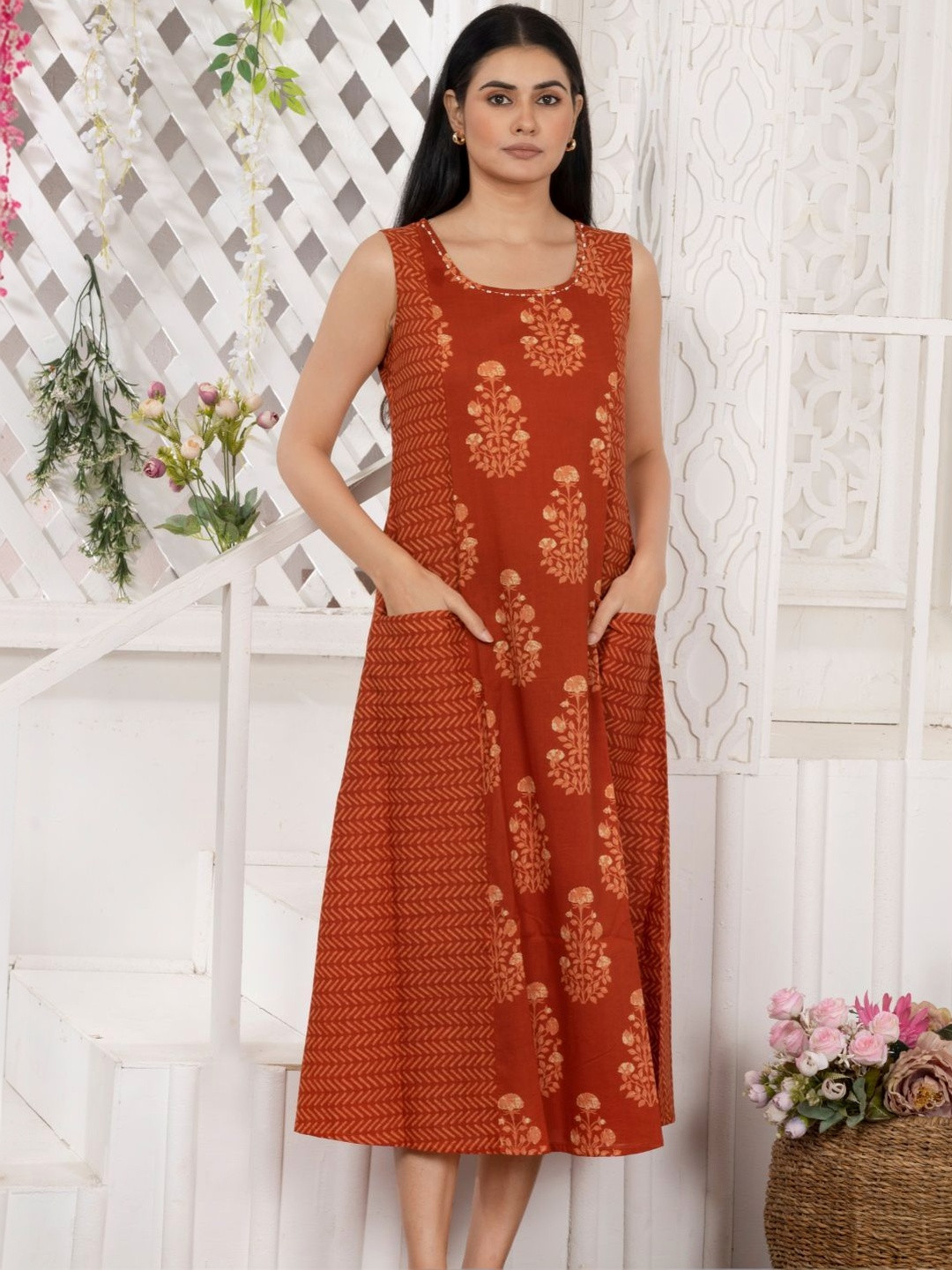 Saffron Threads Printed Round Neck A-Line Ethnic Dresses