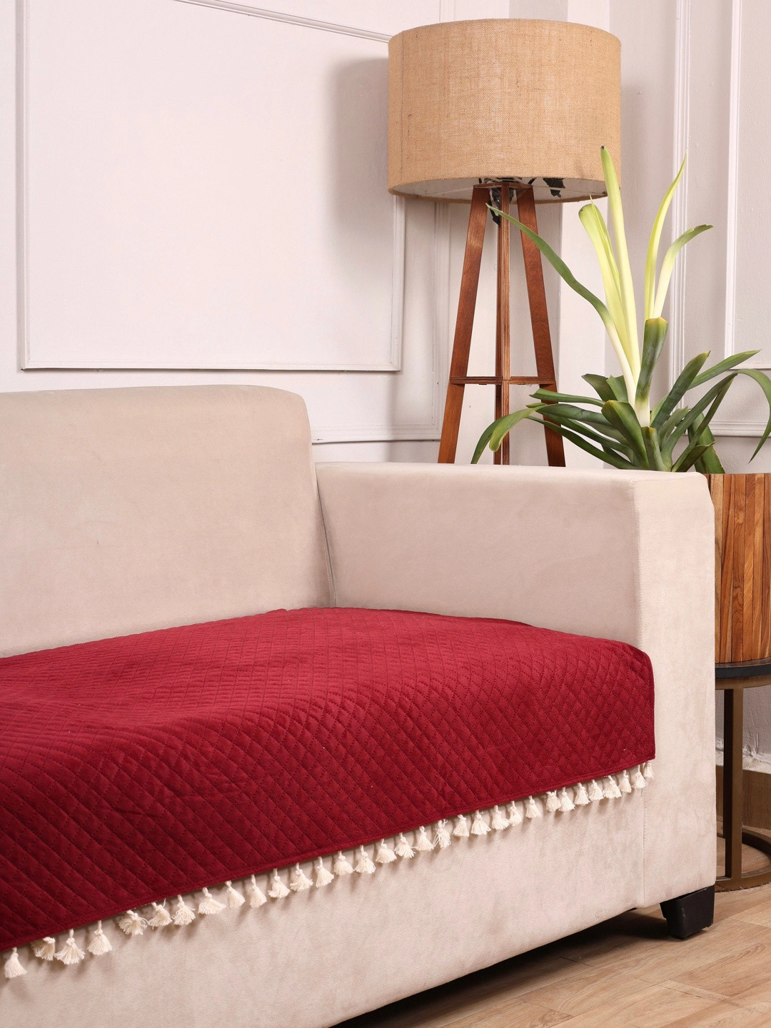 STITCHNEST 1 Seater Maroon & Beige Velvet Seat Cover