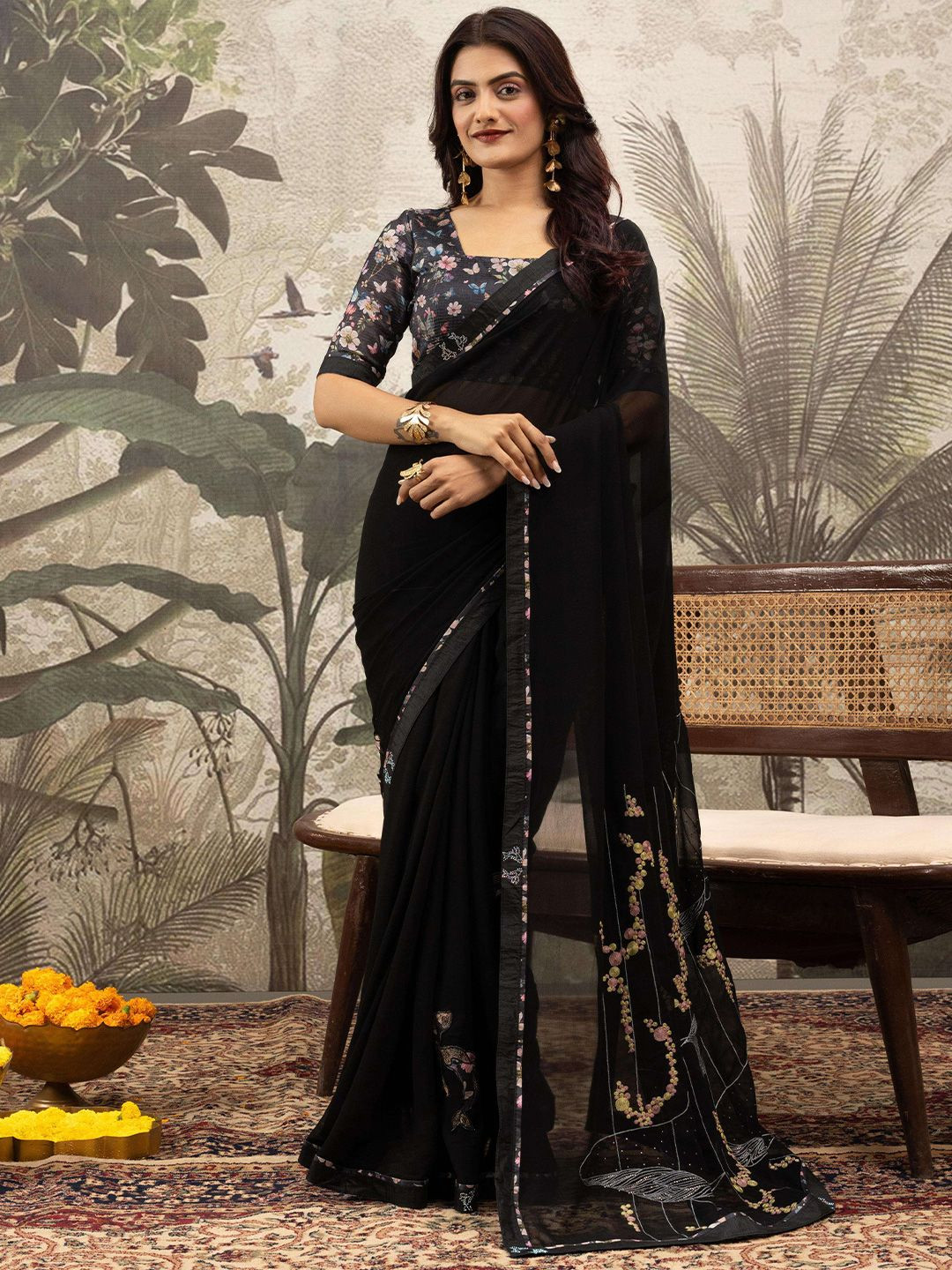 Sedora Couture Floral Beads and Stones Saree