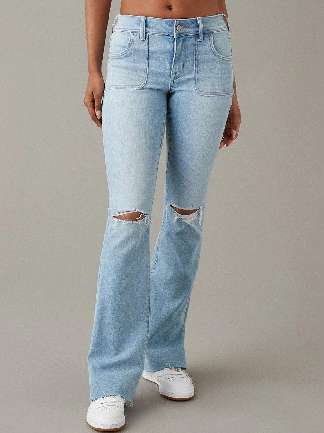 American Eagle Women Blue Ripped Low Rise Kick Boot Jeans