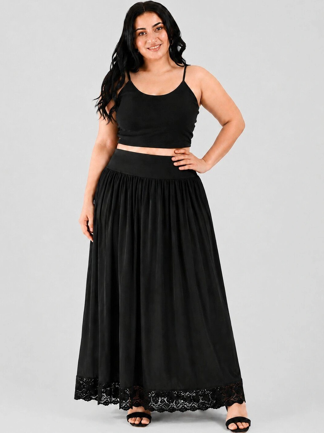 BODYFIGURE Women Cotton Lace Frills Bows and Ruffles Maxi A-Line Skirt