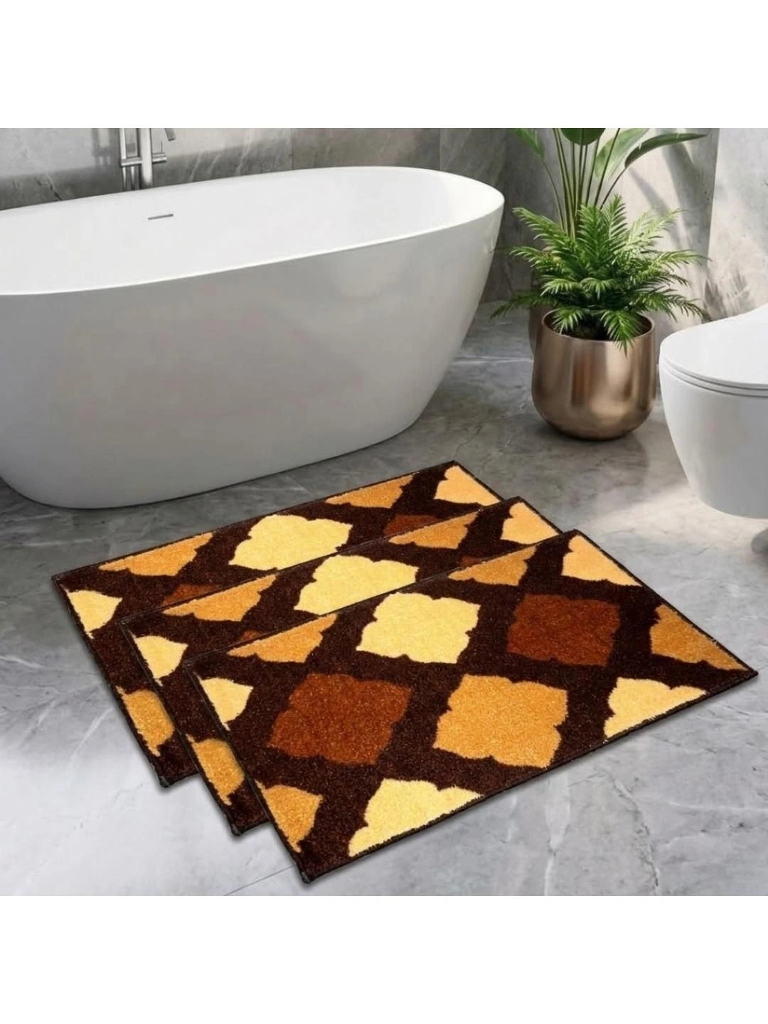Athom Trendz Brown Set of 3 Printed Anti Slip Bathmats 58x38cm