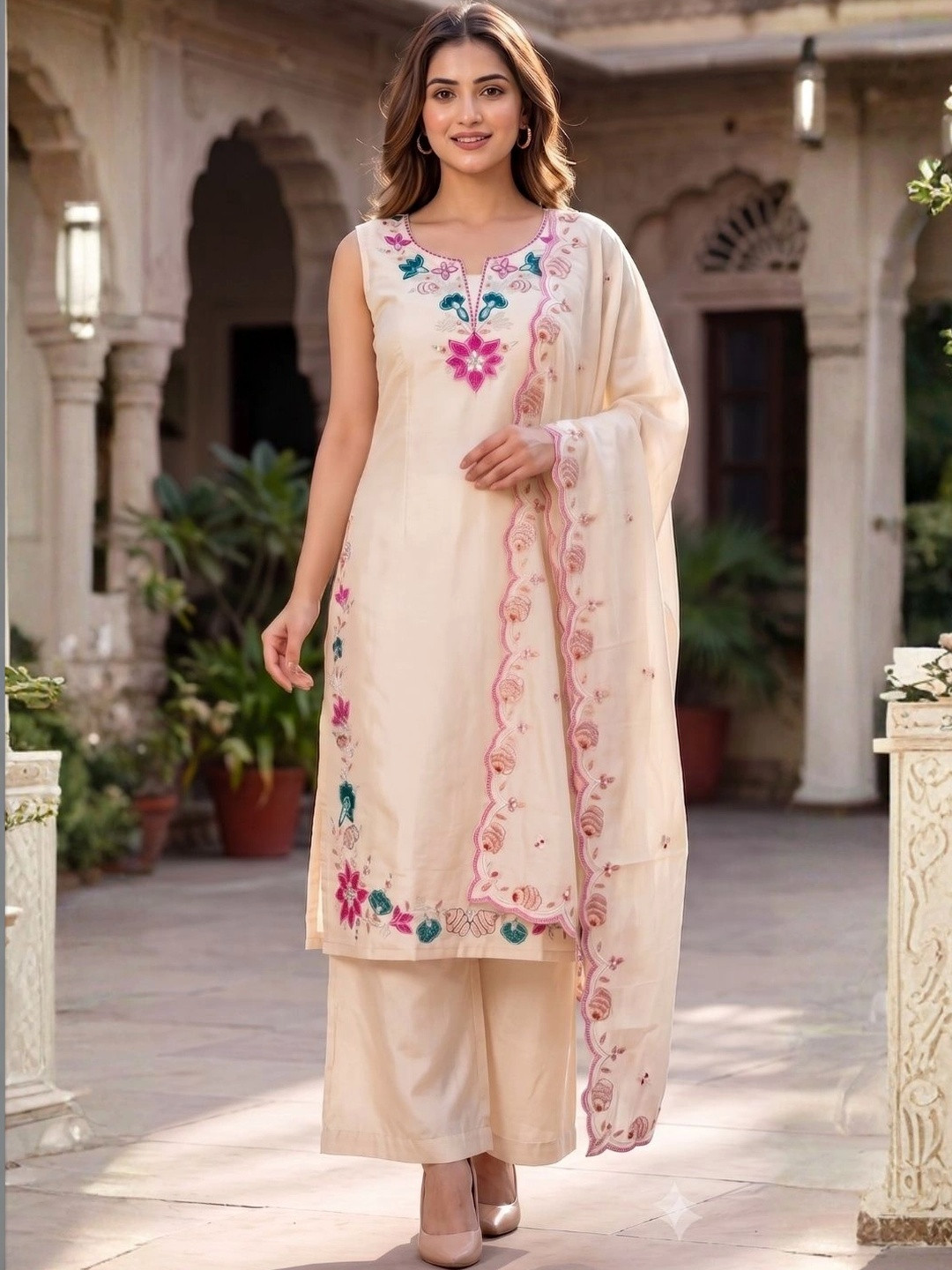 PEACH PIPER Women Floral Embroidered Regular Thread Work Pure Silk Kurta with Palazzos & With Dupatta