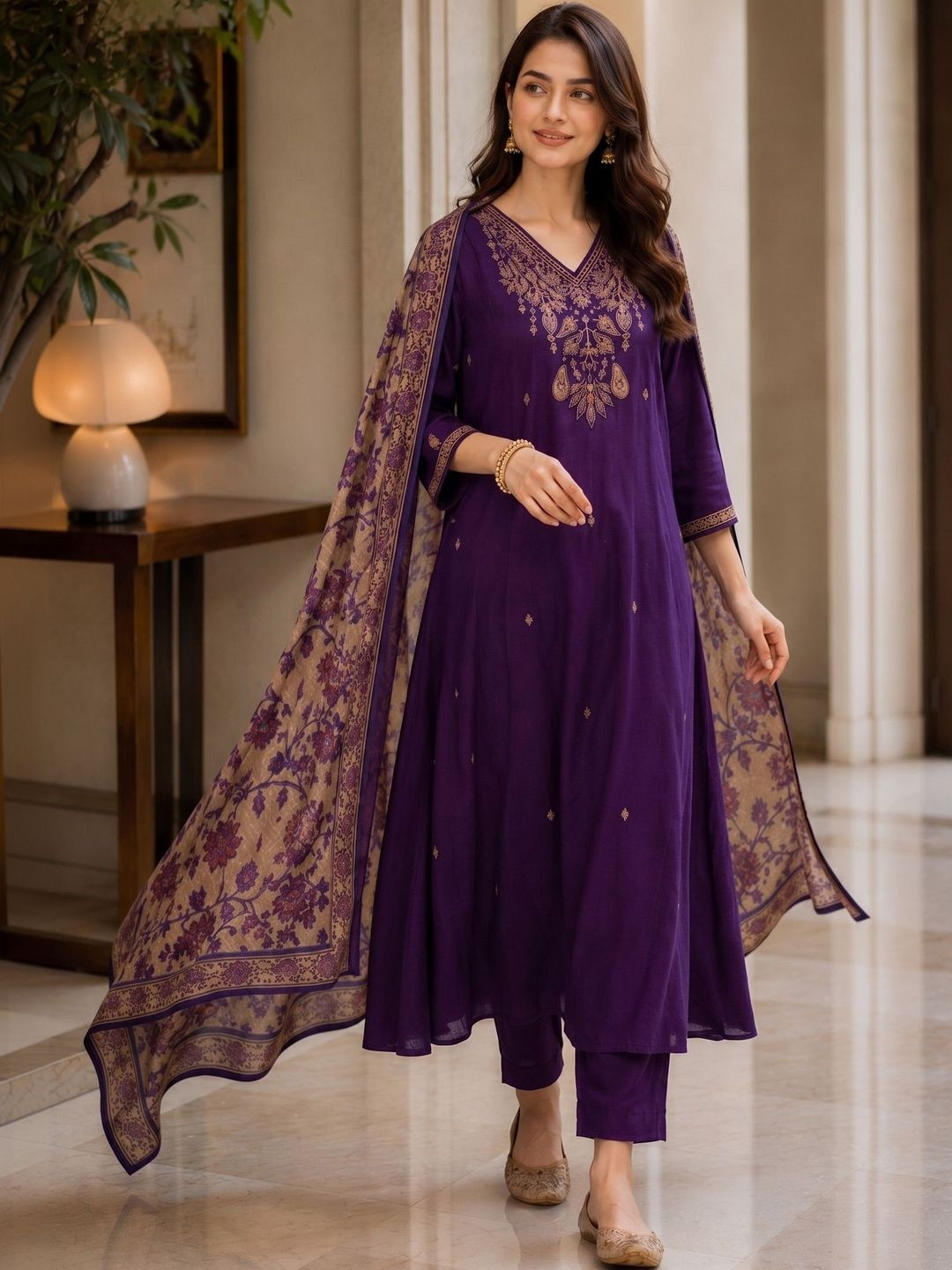 KALINI Women Ethnic Motifs Embroidered Regular Thread Work Kurta with Trousers & With Dupatta