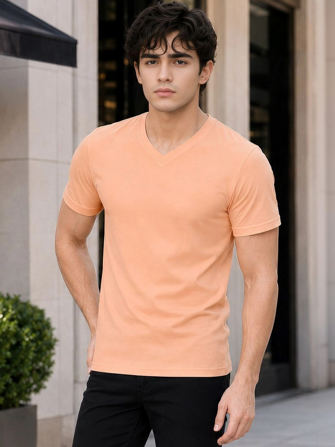 FBAR Men Solid Cotton V Neck T Shirt