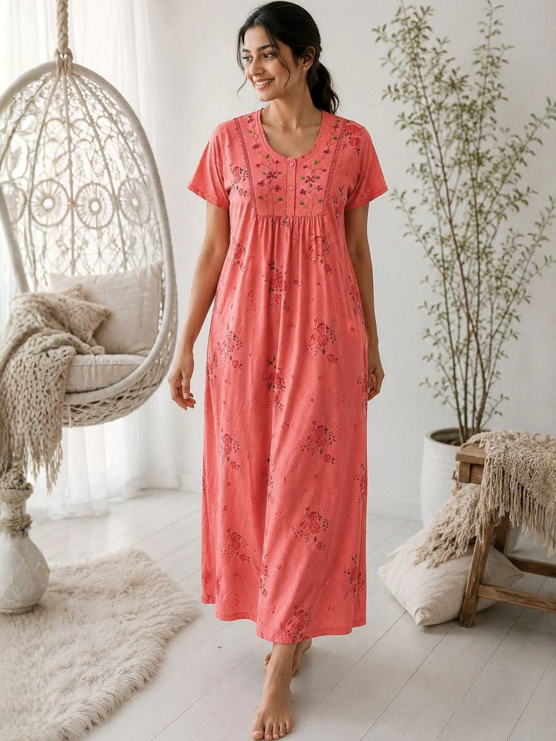 9shines Label Floral Embroidered & Printed Maxi Nightdress
