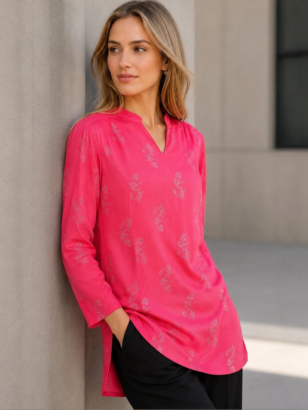 Hancock Women Floral Printed Mandarin Collar Longline Tunic
