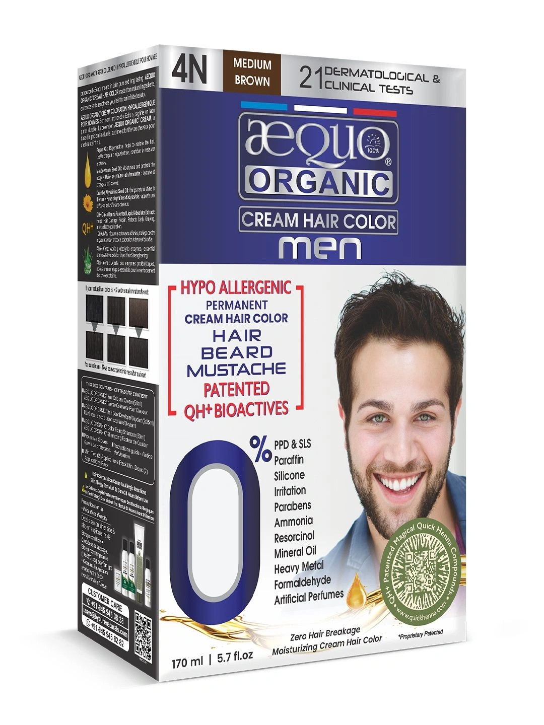 Aequo Organic Men Permanent Hair Color for Hair Beard & Moustache 170ml - Medium Brown 4N