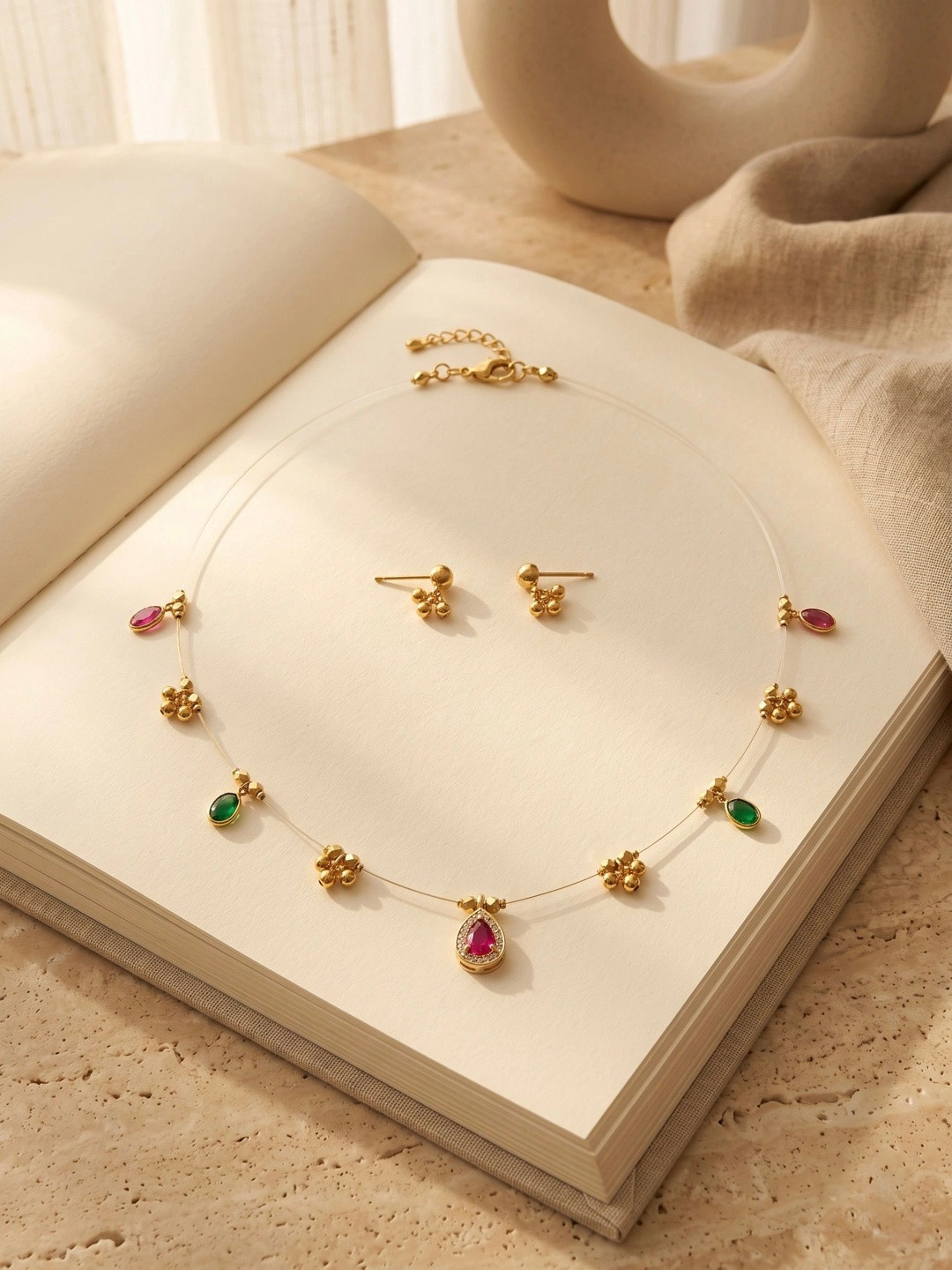 jueri Gold-Plated Stone Studded & Beaded Necklace and Earrings