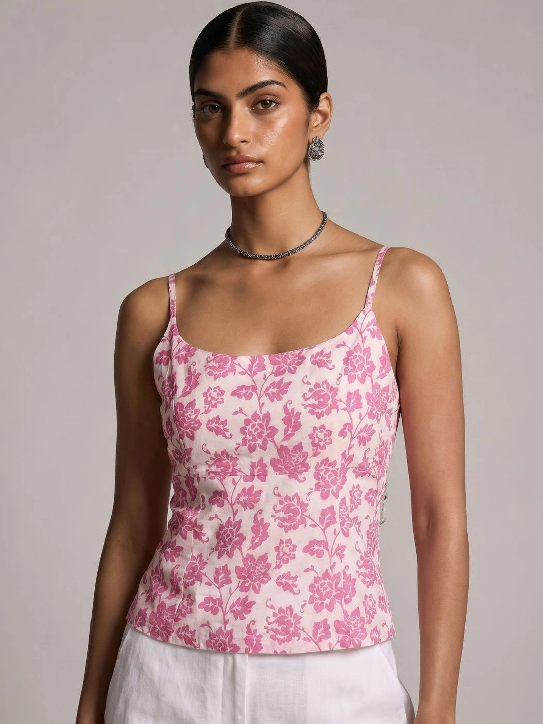 NISHORAMA White Floral Print Sweetheart Neck Cotton Blend Top