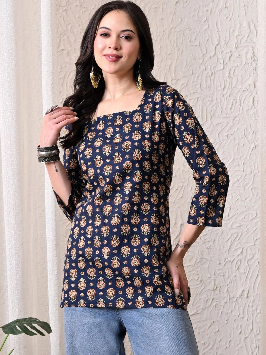 PHYSIL Floral Printed Square Neck Pure Cotton Kurti