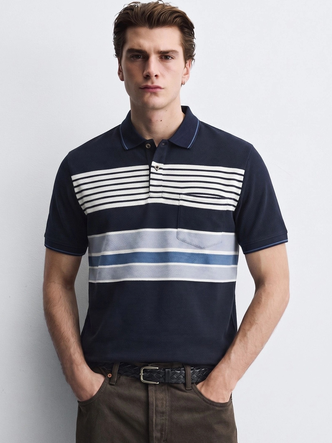 TMO Men Striped Polo Collar Pockets T-shirt
