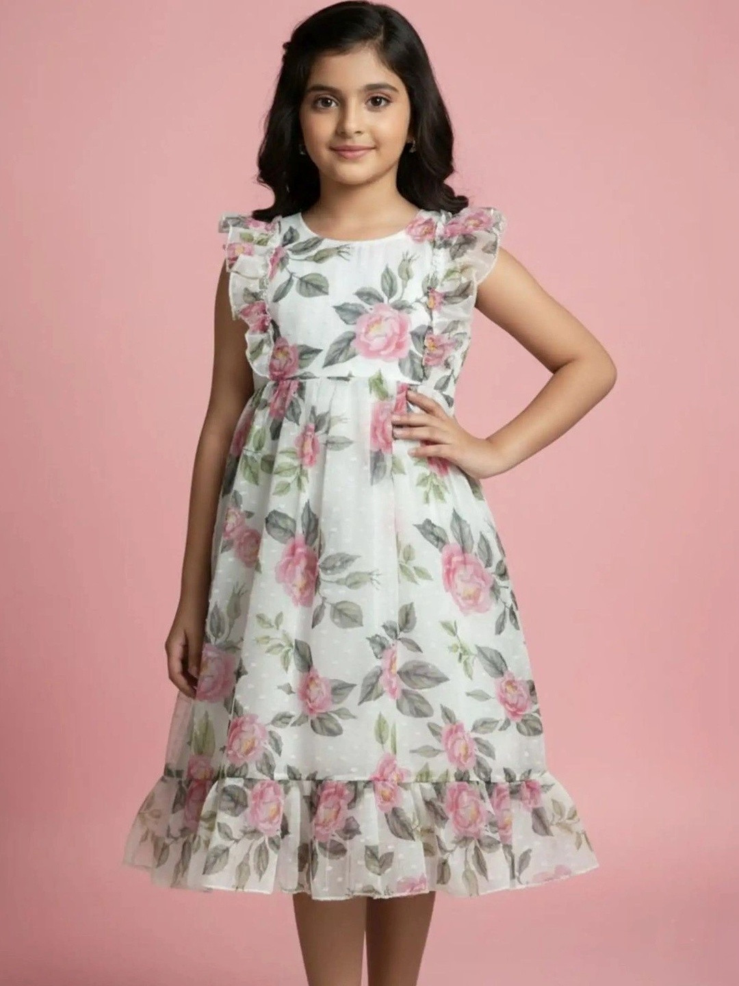 Color Trends Girls Floral Printed Ruffled Georgette Fit & Flare Dress