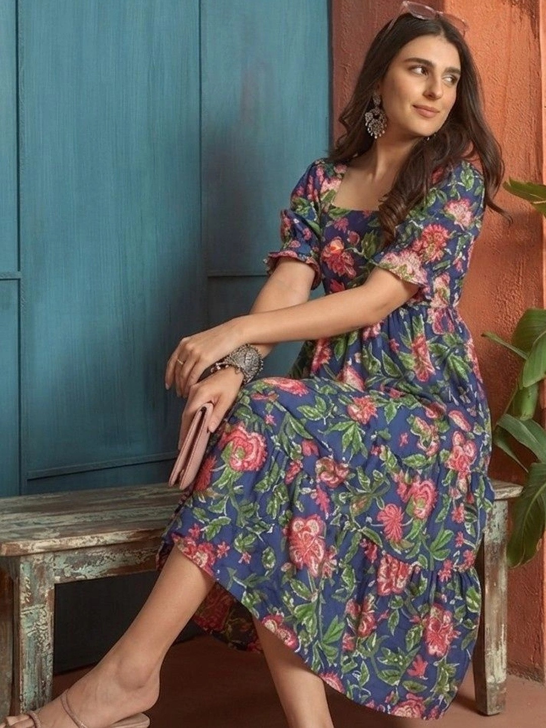 PRESHA Floral Print Puff Sleeve A-Line Midi Dress