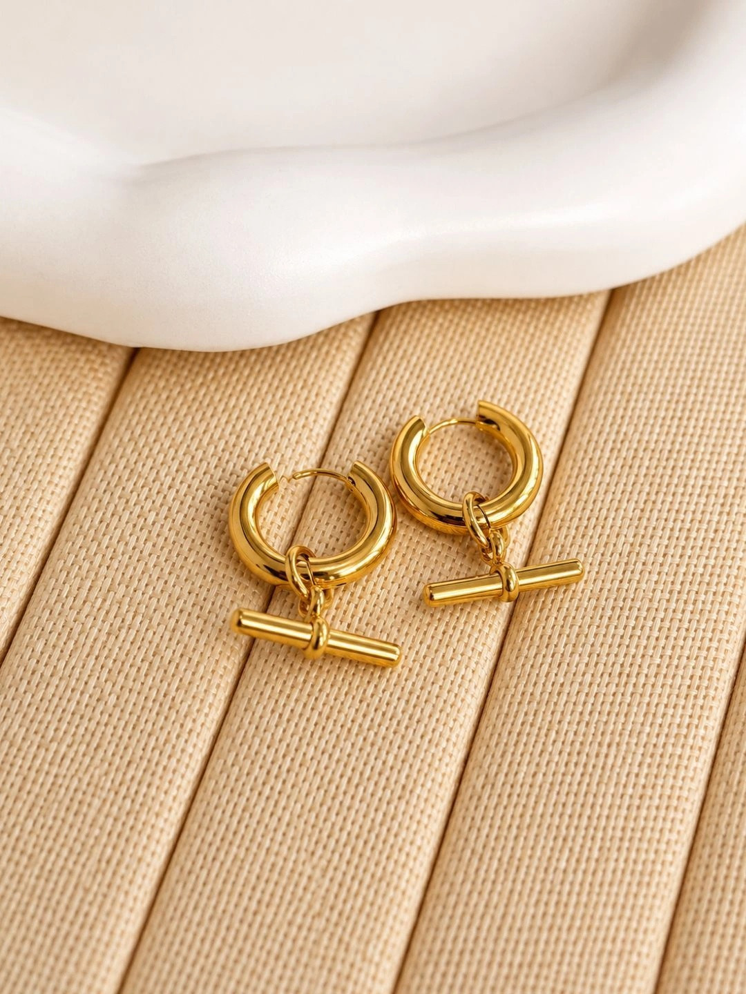 DIVING SWAN Women 18K Thick Gold Plated Zia Bar Charm Hoops Earrings