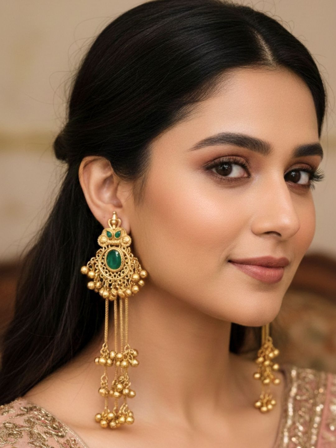 VIVAZS Premium Gold-Plated Stone-Studded Kashmiri Traditional Drop Earrings