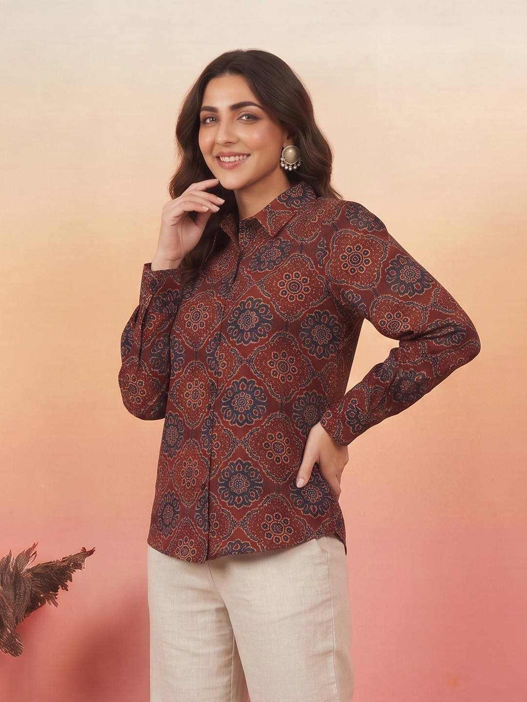 Janasya Ethnic Printed Shirt Style Top