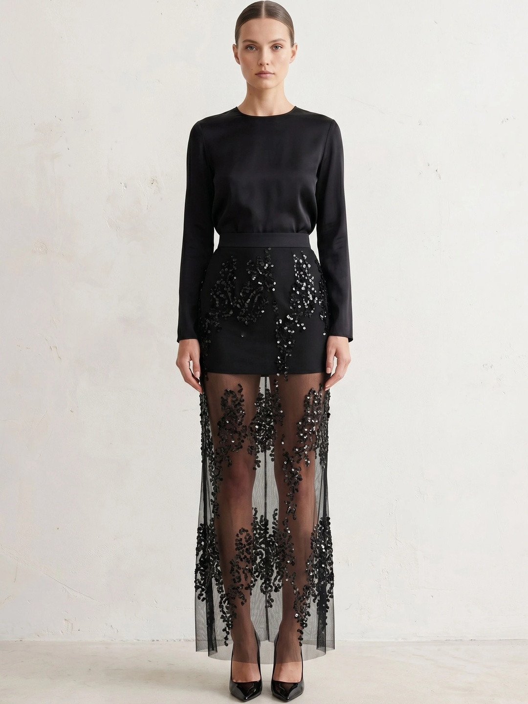 ATELIER REBEL Women Embellished Sheer Maxi Straight Skirt