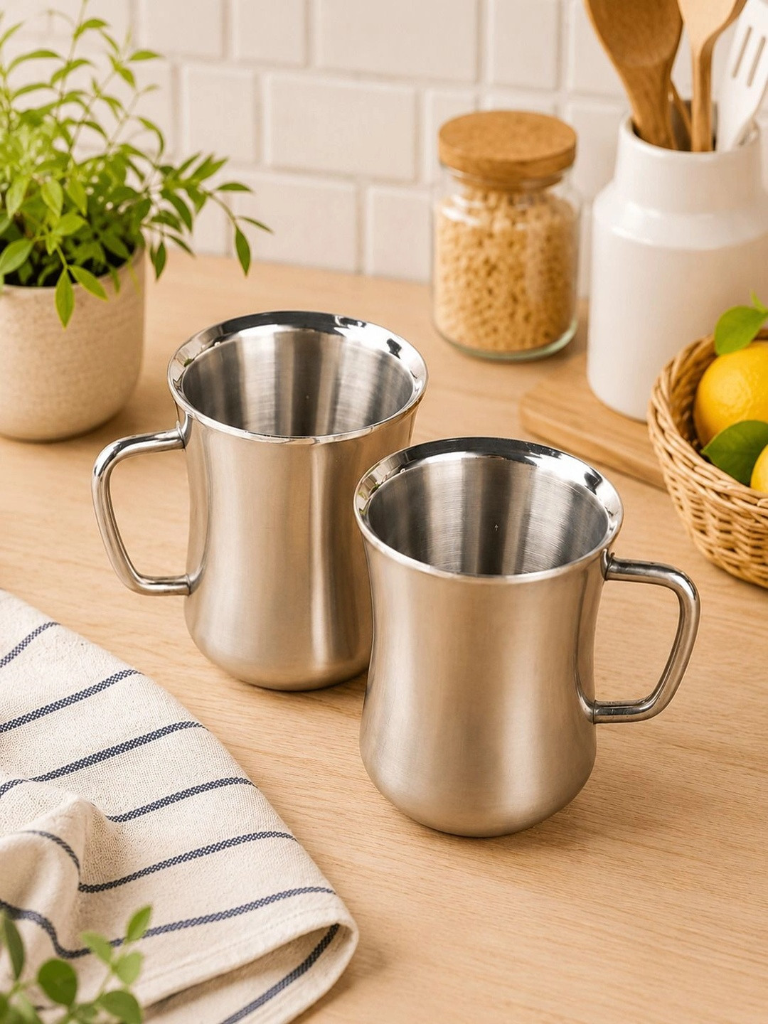 MARKET99 2 Piece Silver Stainless Steel Dishwasher Safe Mugs-300ml Each