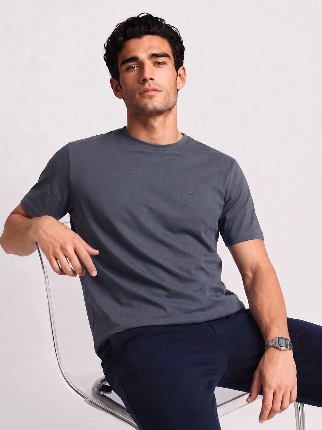 Van Heusen Men Cotton Crew Neck Solid T-Shirt Regular Fit Short Sleeves Soft Breathable