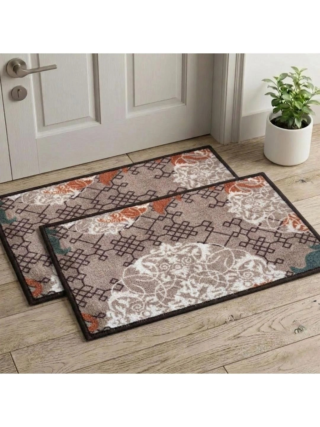 Athom Trendz Beige & Maroon 2 Pieces Floral Printed Anti Slip Doormat 57x37cm