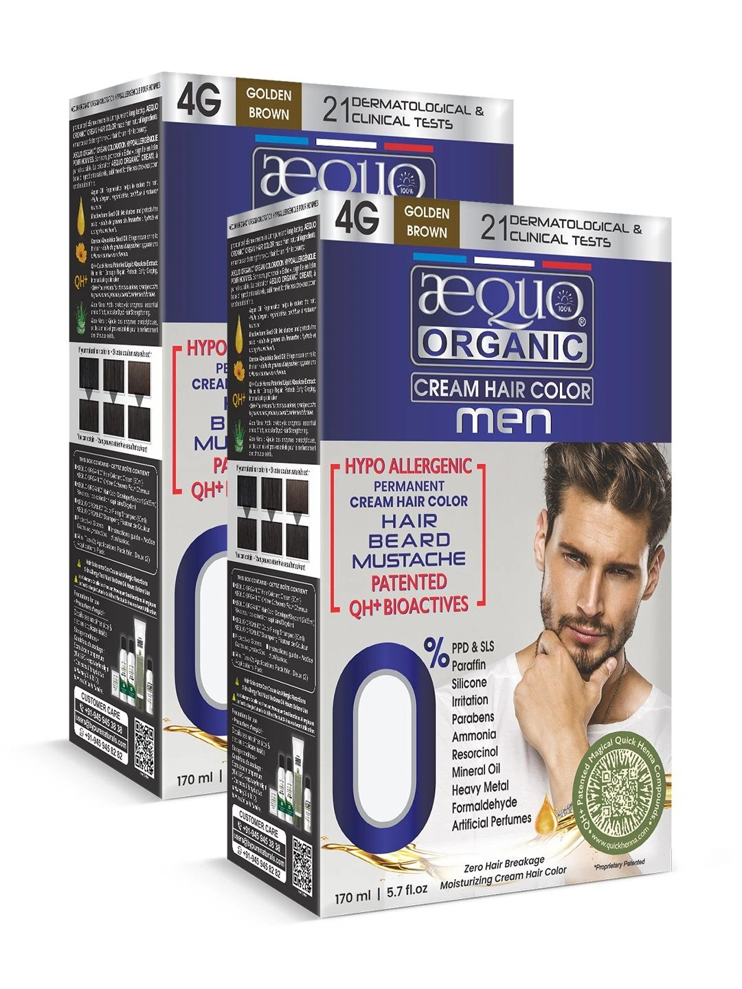 Aequo Organic Men Set of 2 Permanent Hair Color 175 ml Each - Golden Brown 4G