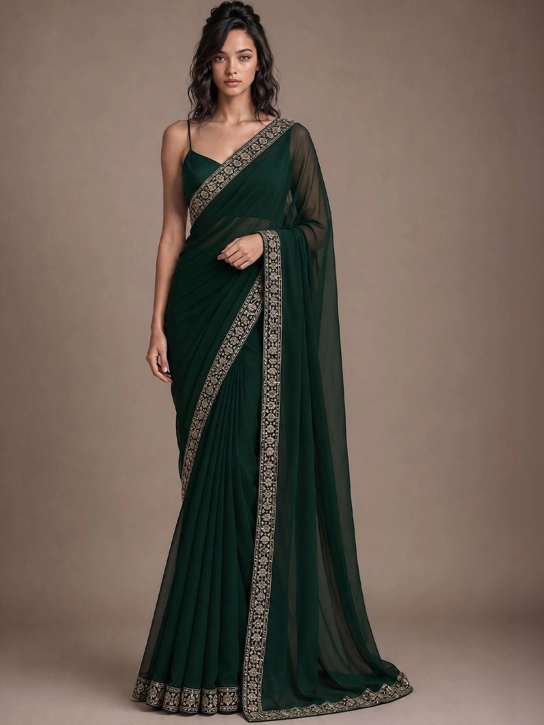 Pixie lane Embellished Embroidered Pure Chiffon Heavy Work Saree