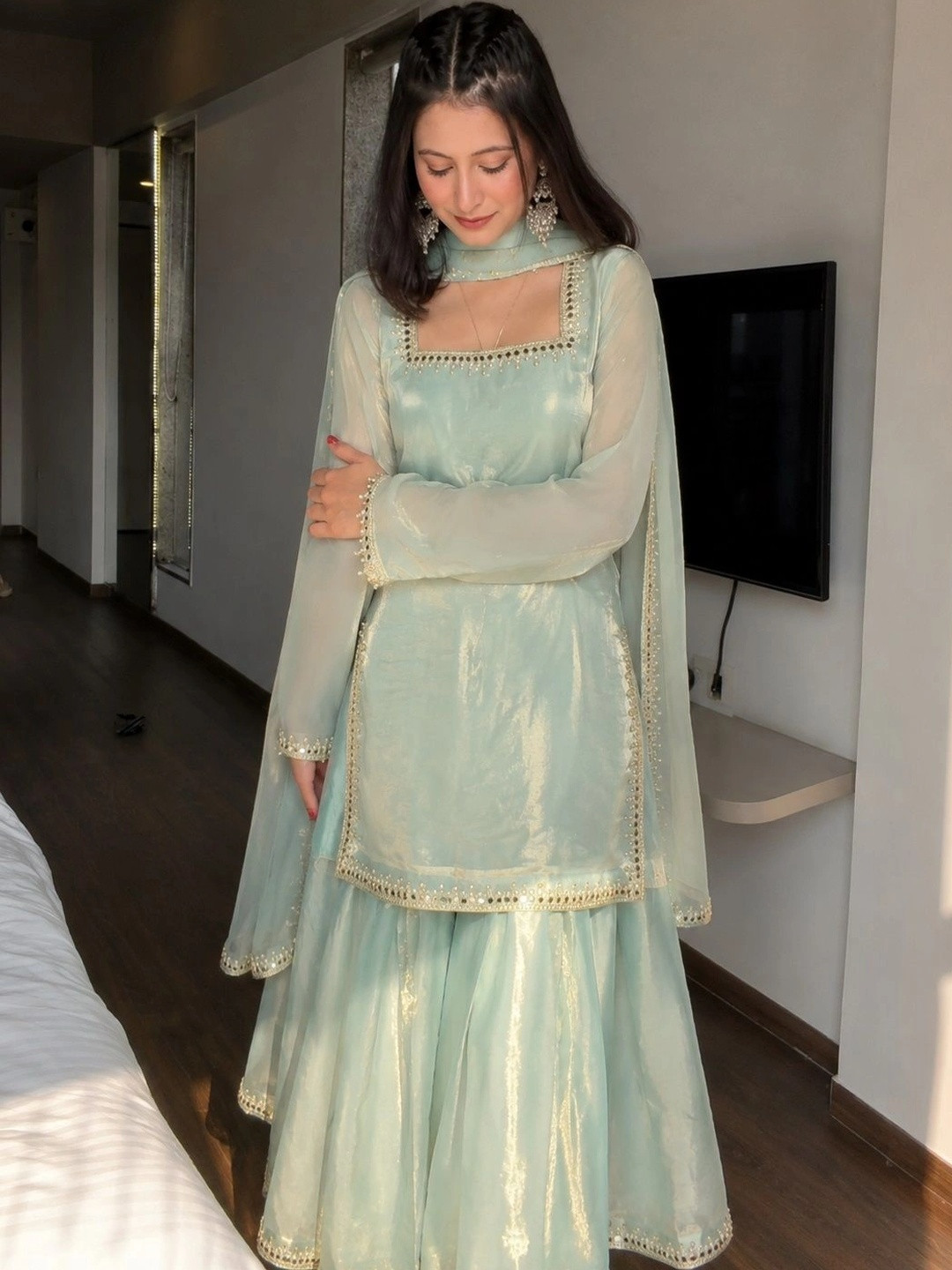 TRYAMBAKAM Women Regular Mirror Work Kurta with Sharara & With Dupatta