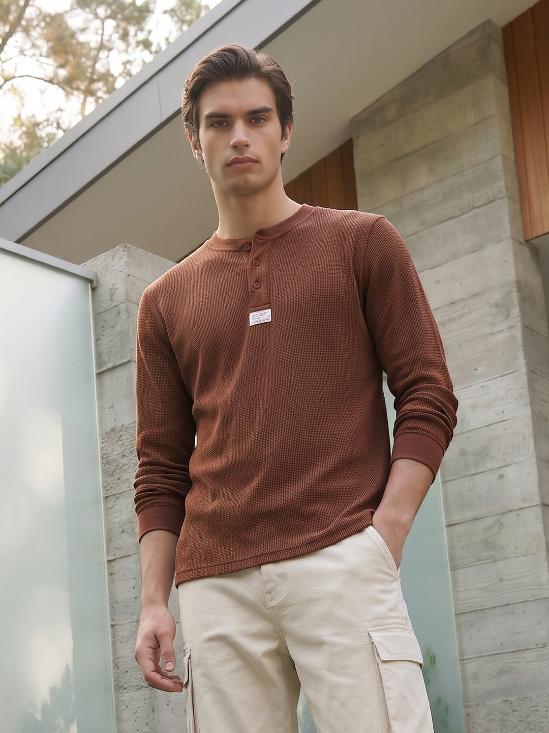 Mr Bowerbird Self Design Henley Neck Pure Cotton T-shirt