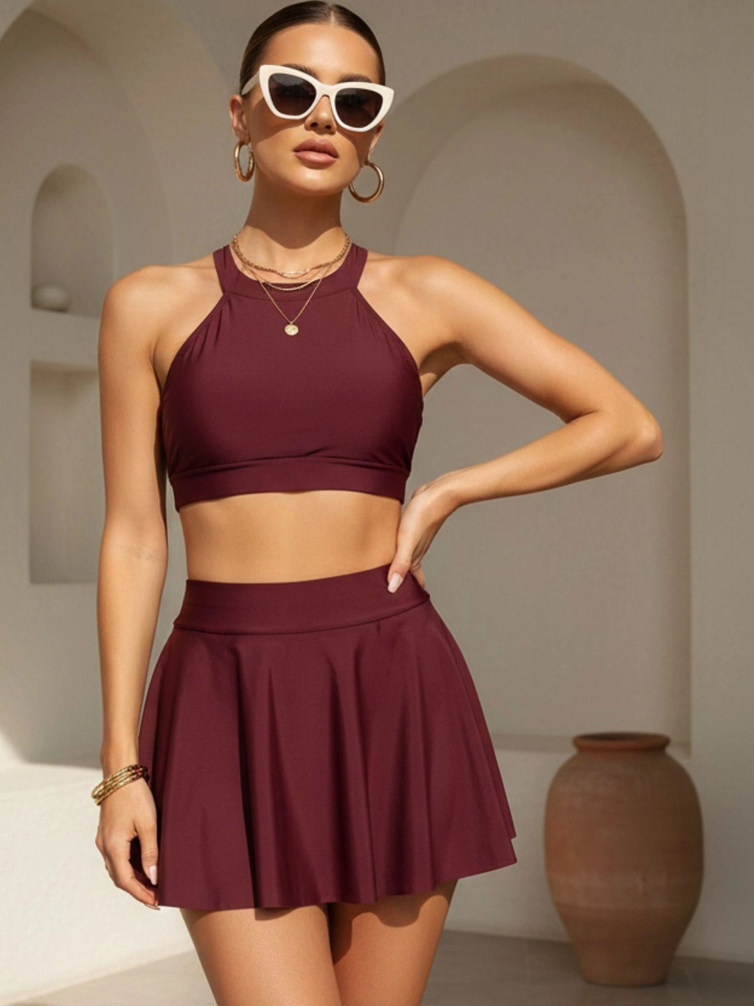 Addery Women Halter Neck Top & Skirt Swim Set