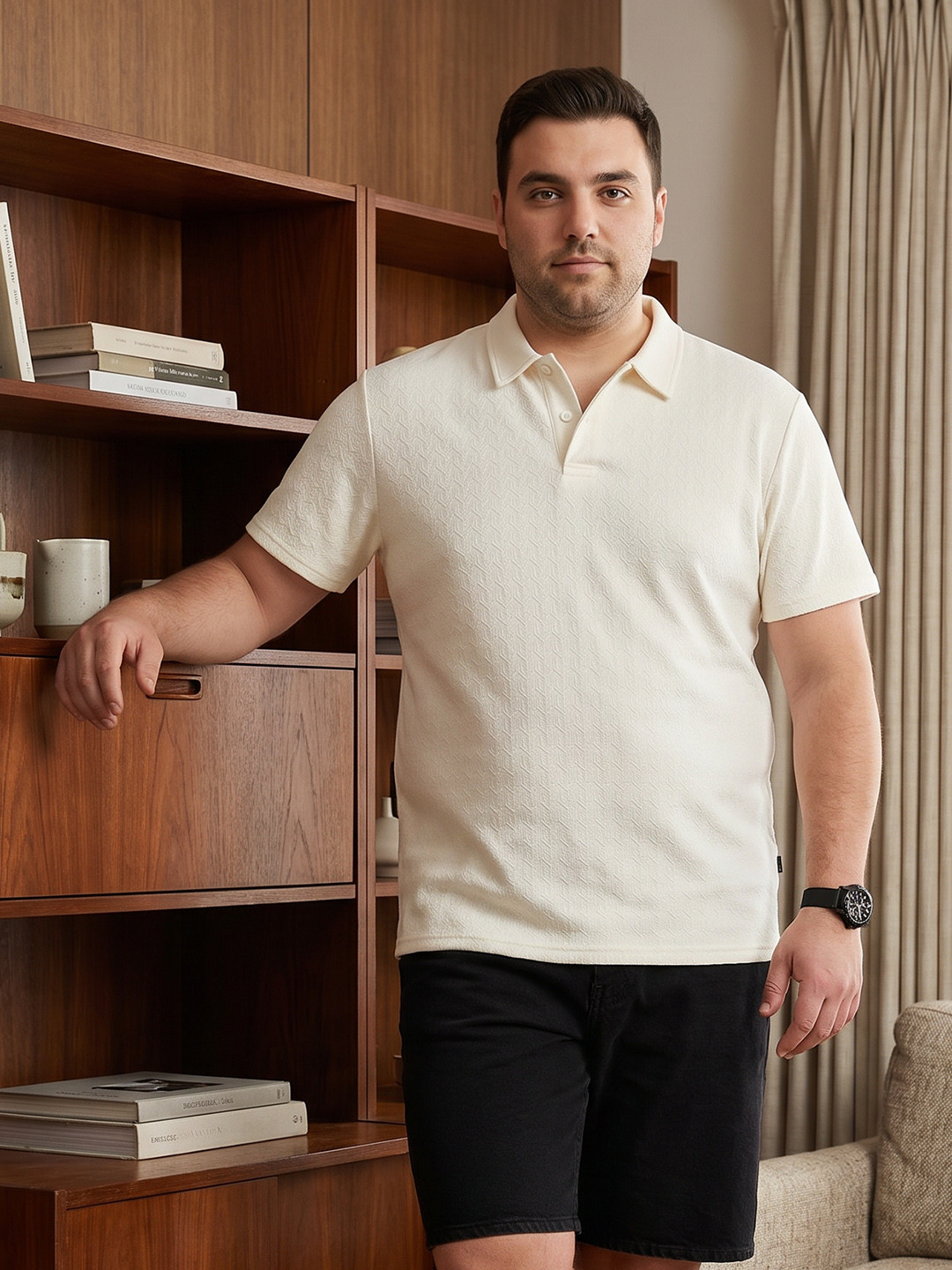 Sztori Plus Size Self Design Polo Collar T-shirt