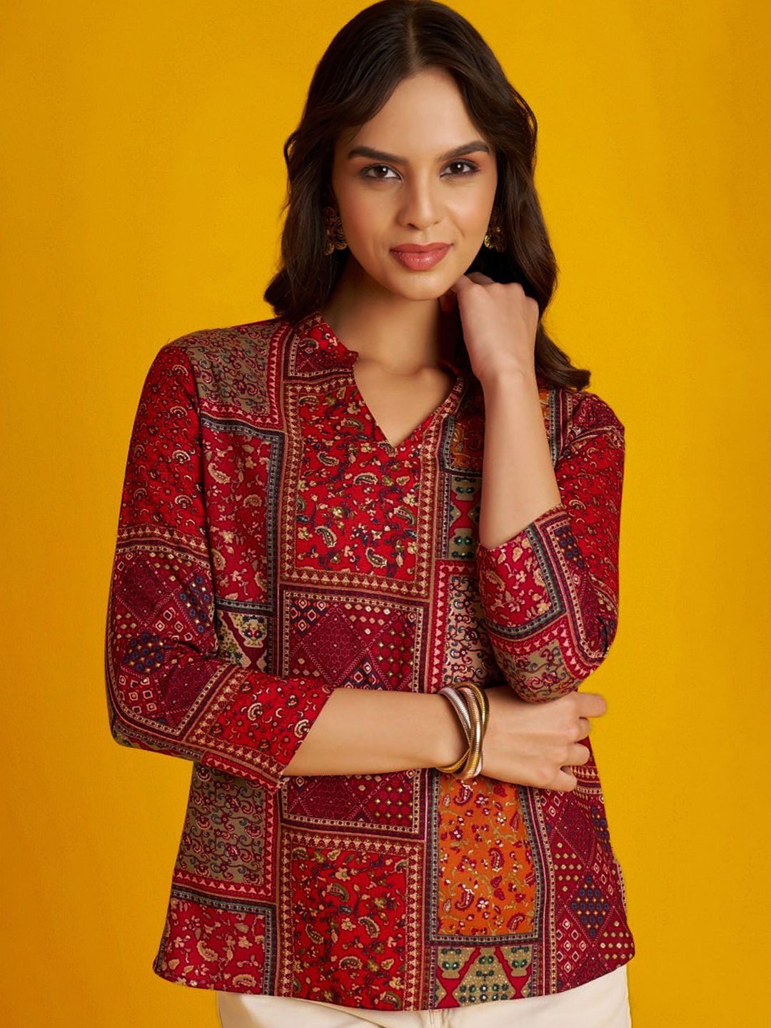 FLOWERVELLY Ethnic Motifs Printed Mandarin Collar Shirt Style Top