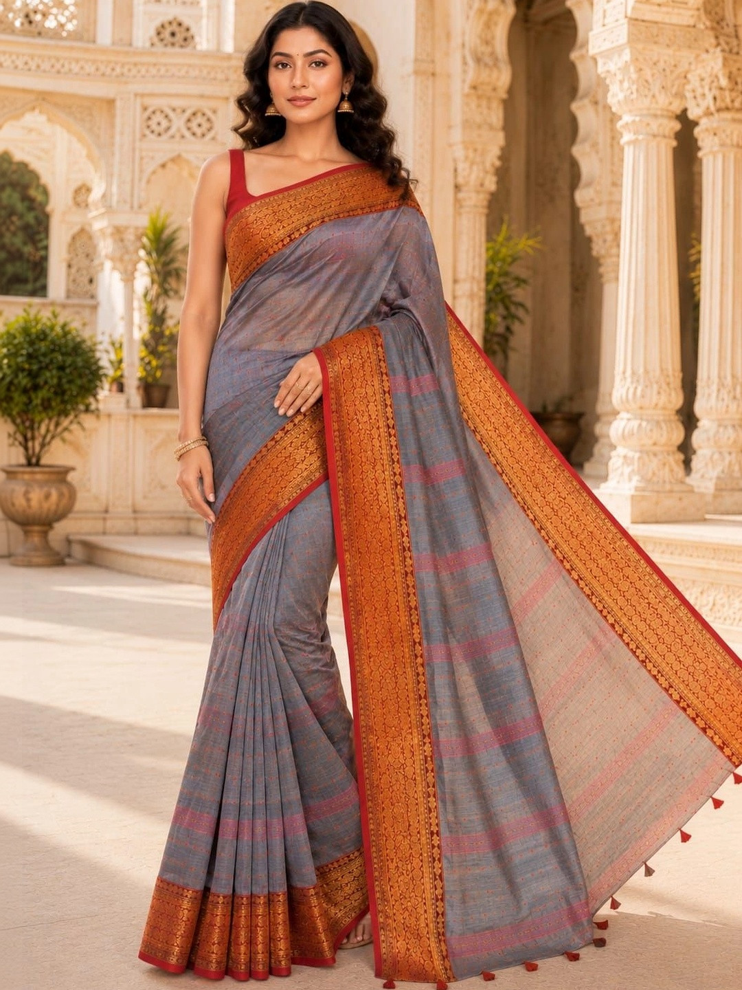 HOUSE OF ARLI Grey & Red Zari Woven Design Pure Cotton Taant Saree