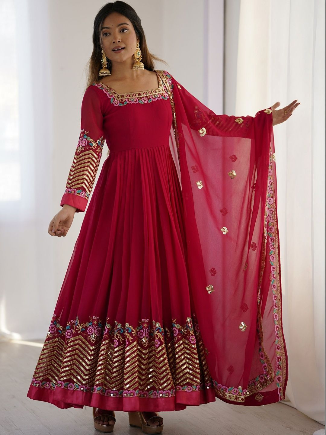 HERE&NOW Women Ethnic Motifs Embroidered Angrakha Kurta with Trousers & With Dupatta