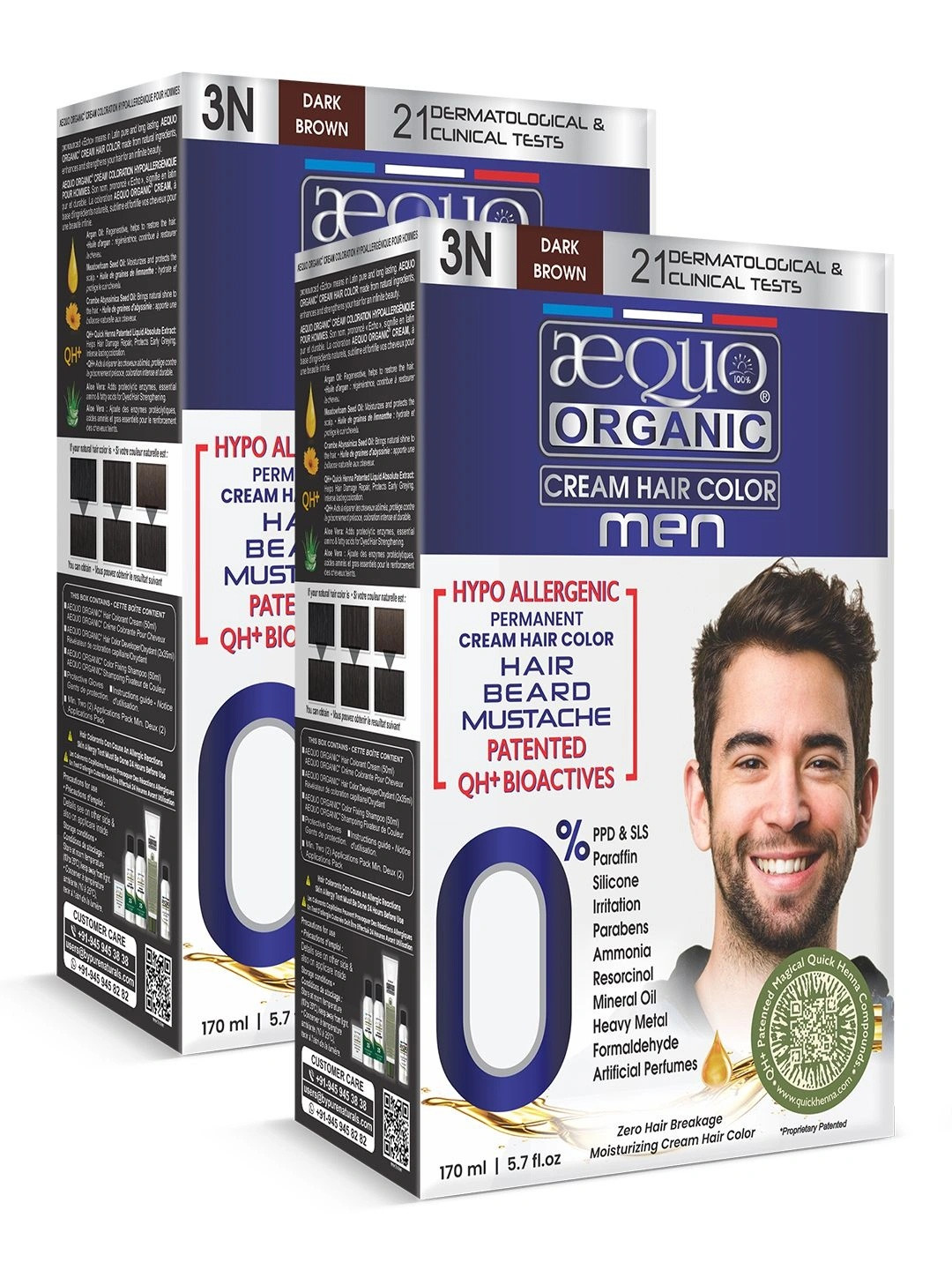 Aequo Organic Men Set Of 2 Permanent Hair Color 170 ml Each - 3N Dark Brown