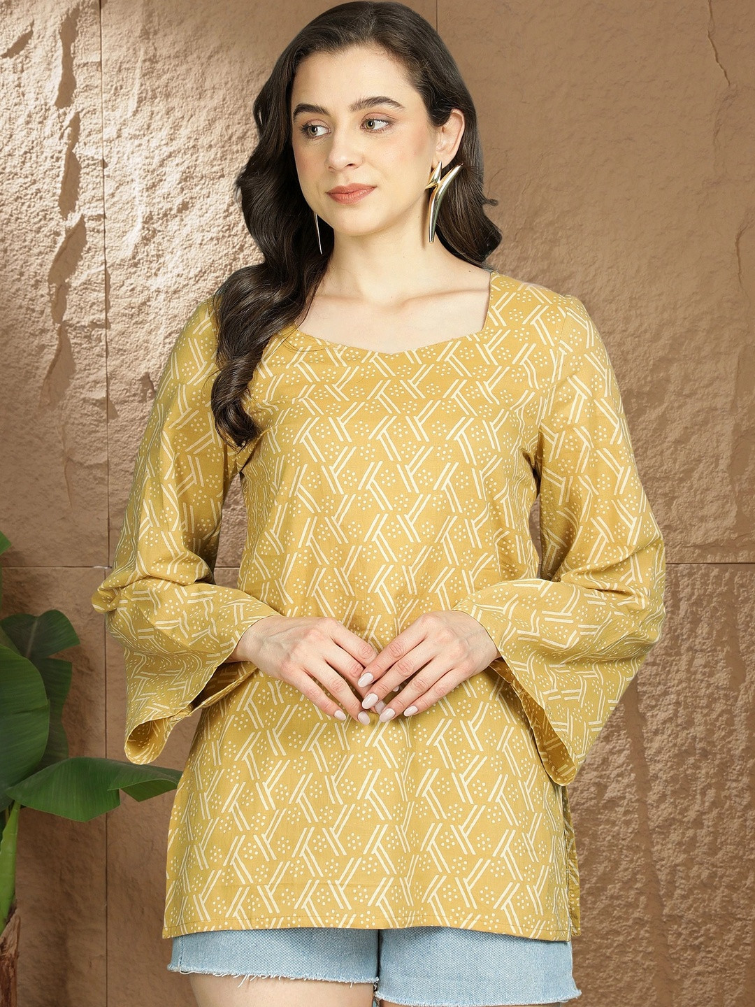 KALAMIR Geometric Print Flared Sleeve Cotton Top