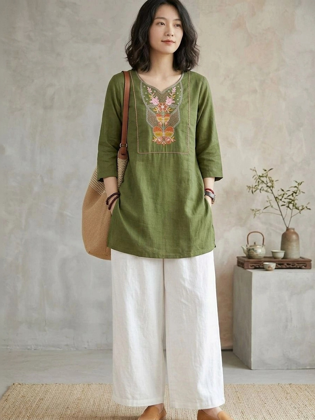 AXI COUTURE Floral Embroidered V-Neck Thread Work Pure Cotton Thread Work Kurti