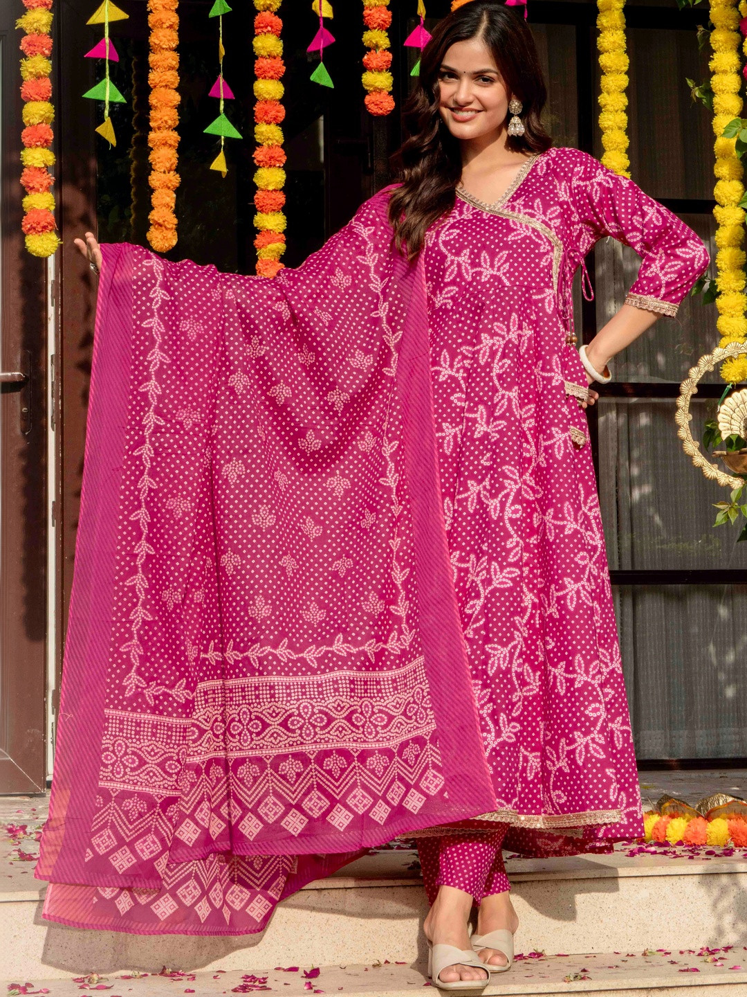 JAIMINI Women Ethnic Motifs Printed Angrakha Gotta Patti Pure Cotton Kurta with Trousers & With Dupatta