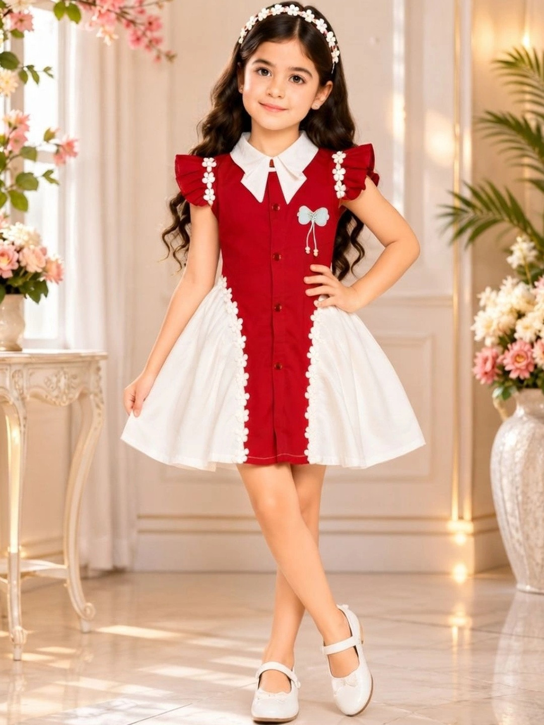 SARDAR DRESSES Girls Colourblocked Puff Sleeve Pure Cotton A-Line Dress