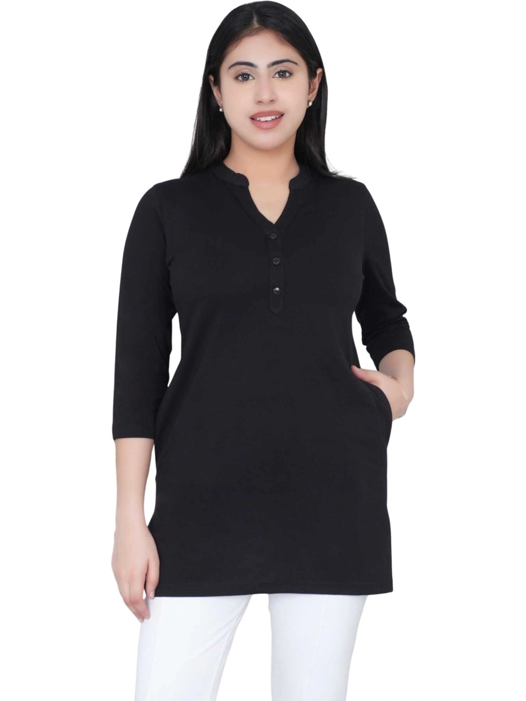 Mlada Women 3/4th Sleeves Solid Long Cotton Kurti Tshirt with 2 Side Pockets