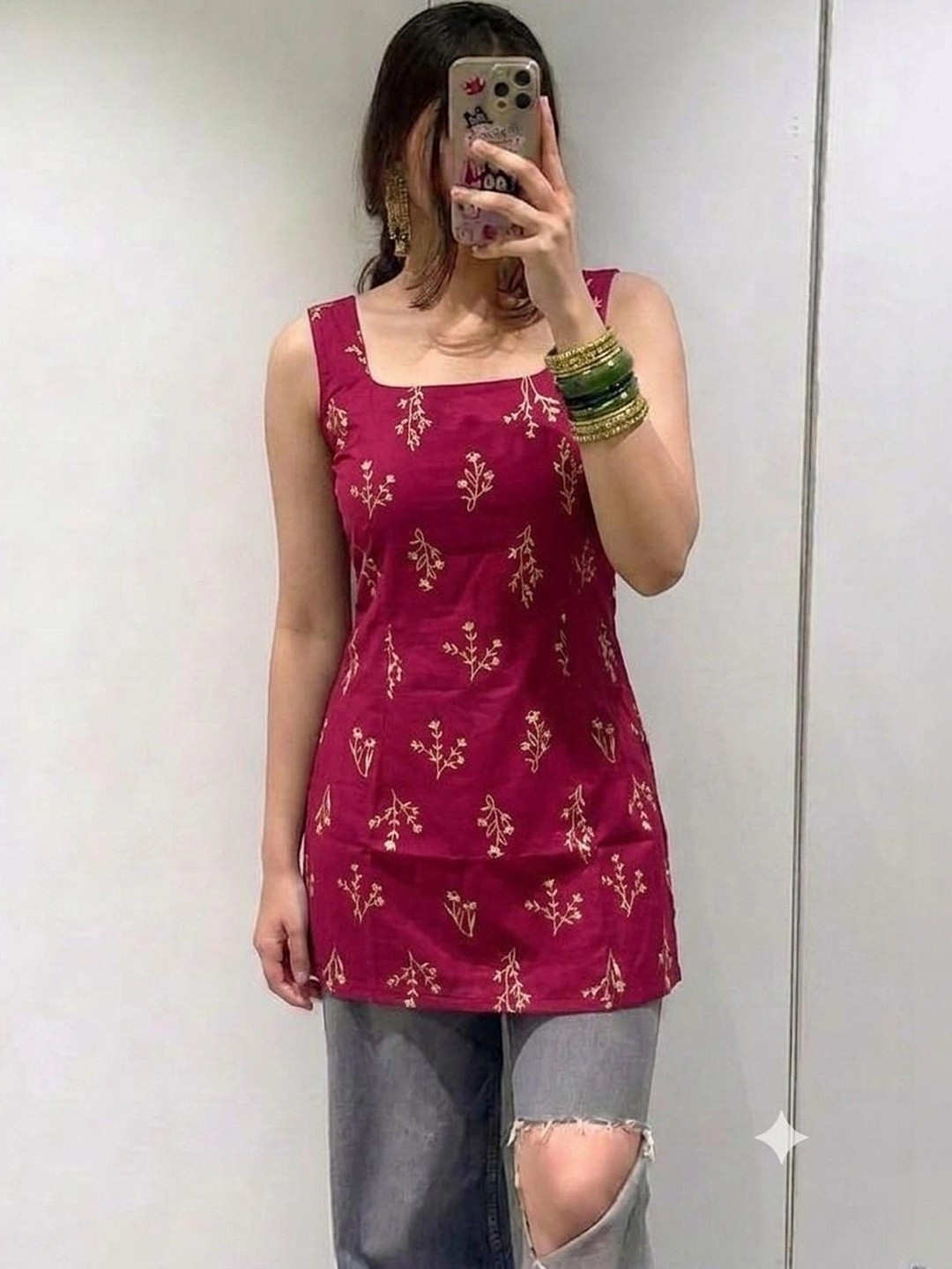 SATITHA Botanical Printed Square Neck Handloom Kurti