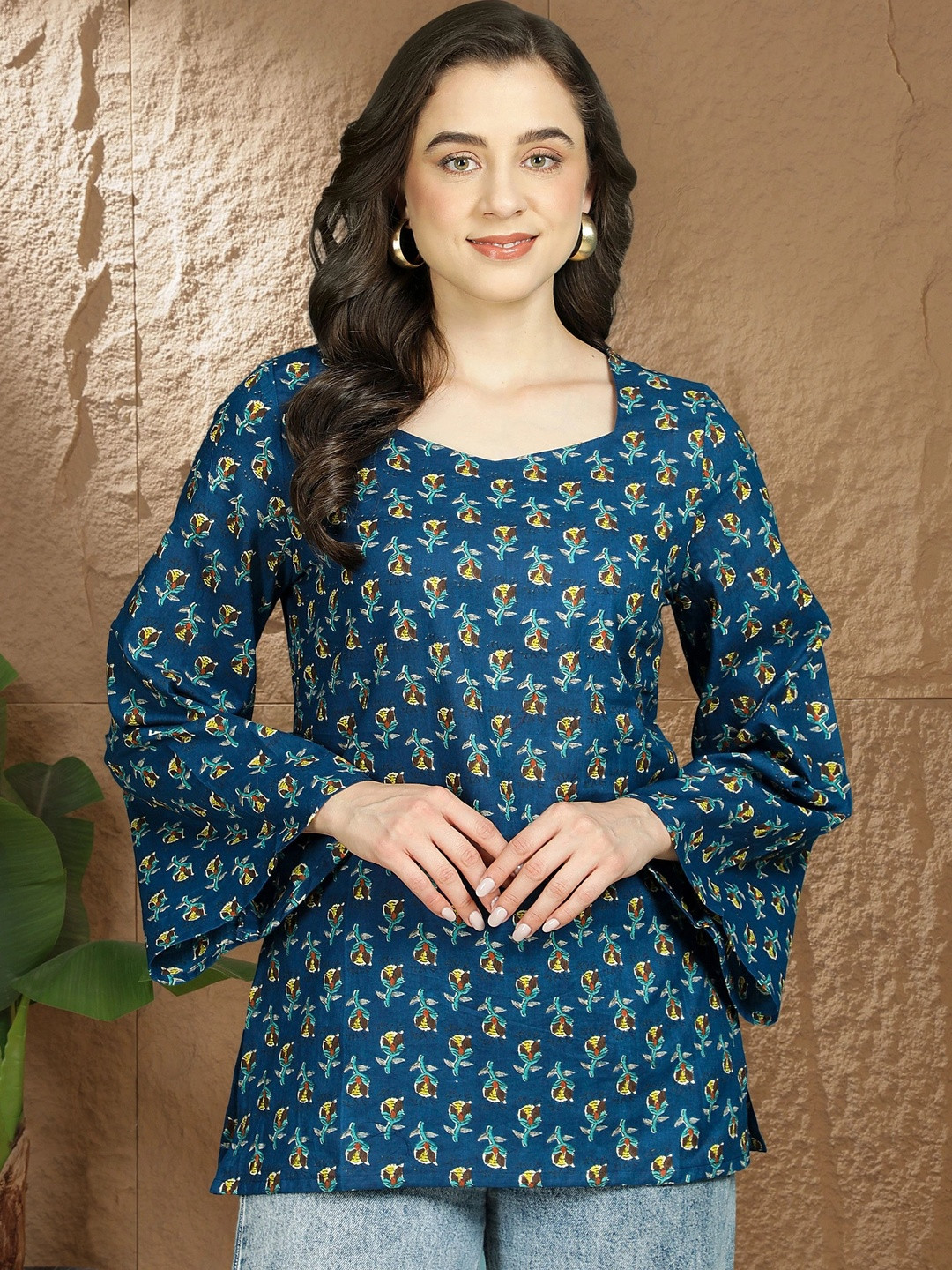 KALAMIR Floral Print Flared Sleeve Cotton Top