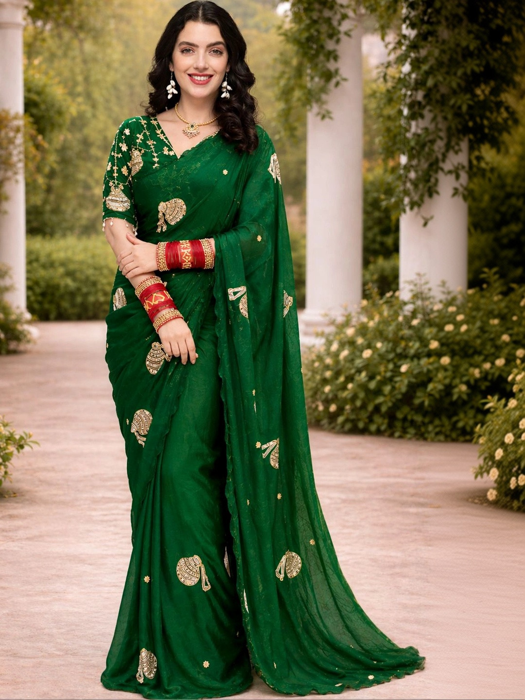 R K ENTERPRISE Embroidered Satin Leheriya Saree