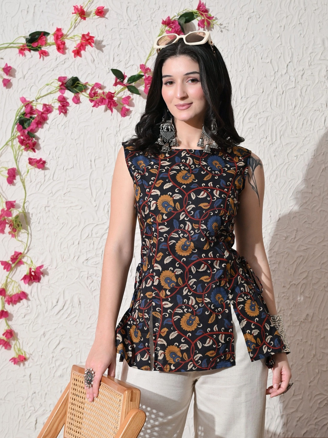 SANGAKURTI Women Floral Printed Boat Neck Sleeveless Cotton Kurti