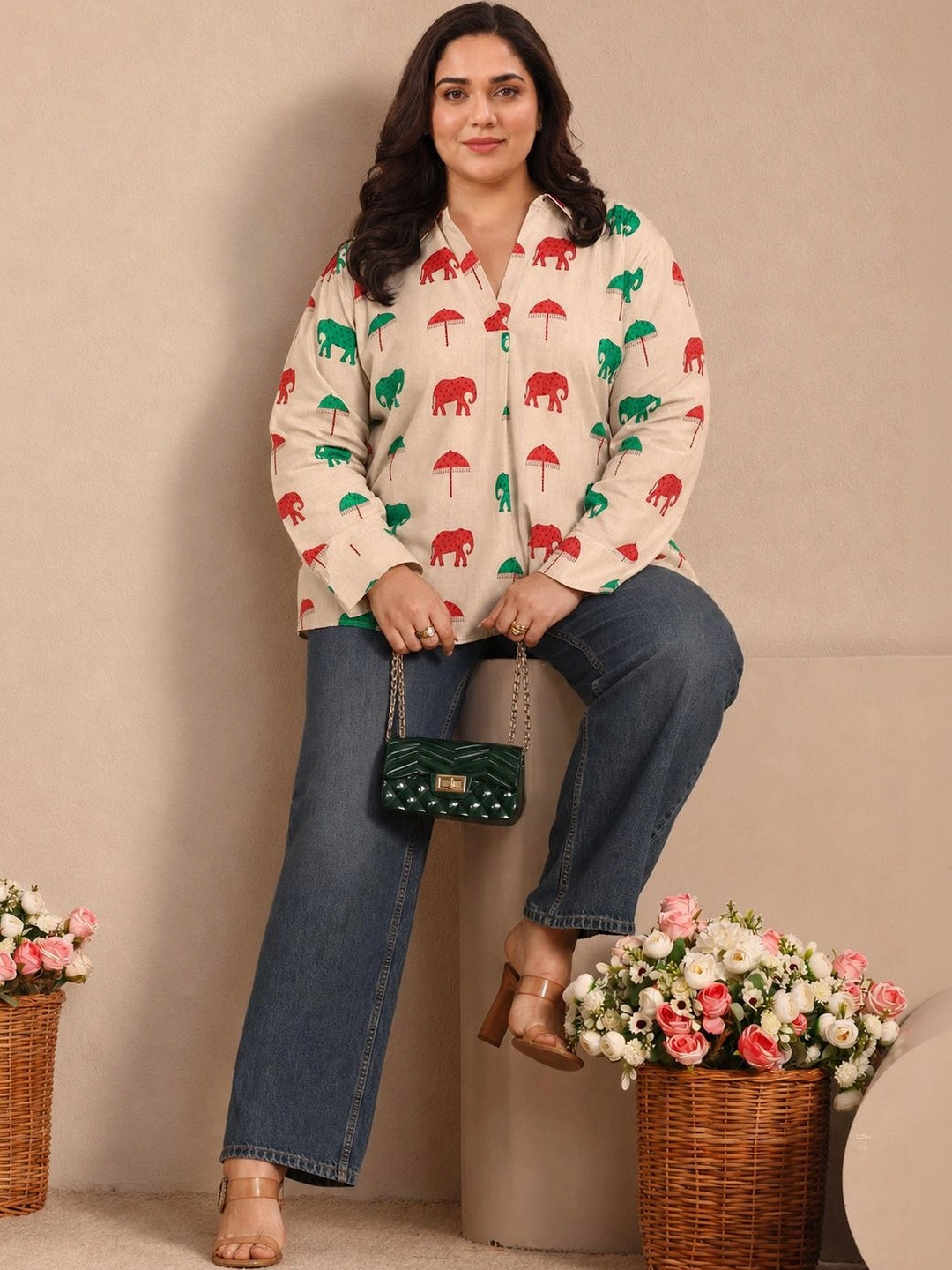 EXTRA LOVE BY LIBAS Plus Size Off White Printed Cotton Straight Short Kurti