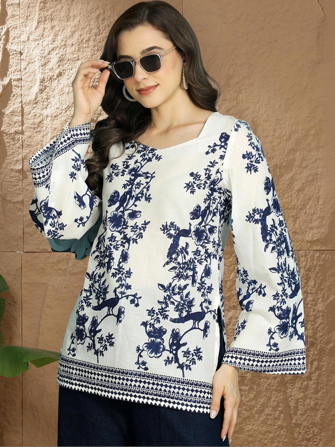 KALAMIR Floral Print Flared Sleeve Cotton Top