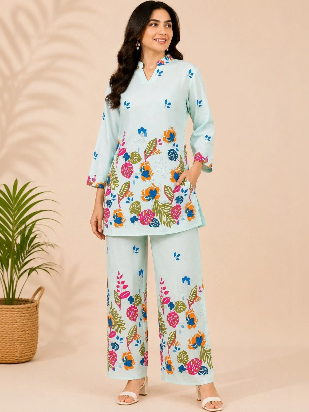 ROSEMELON Tropical Printed Tunic with Palazzos