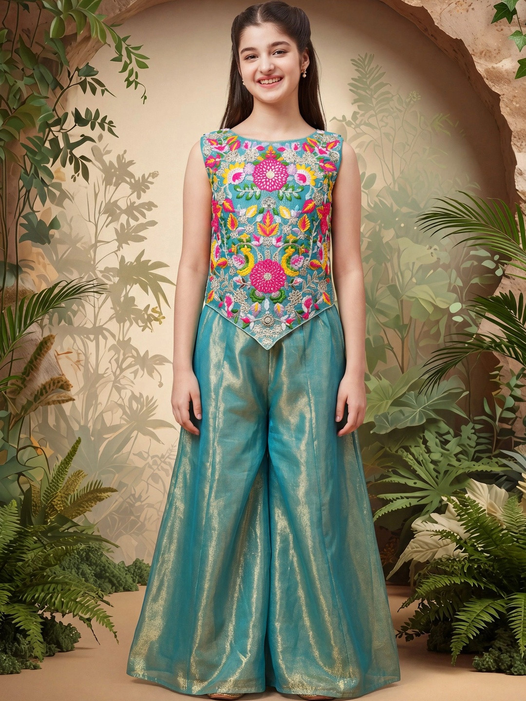 SPANGEL FASHION Girls Floral Embroidered Empire Thread Work Kurta with Palazzos